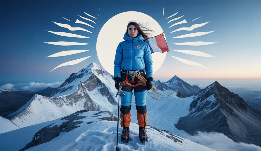 Jeune femme conquérante au sommet de l'Everest, symbole de courage et dévouement