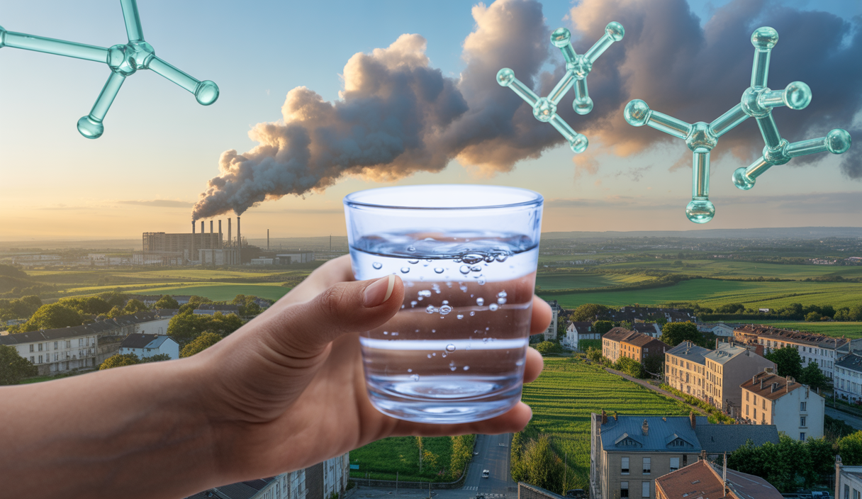 Vue d'une eau potable claire dans un verre tenu par une main devant un paysage urbain français contaminé de manière invisible par des PFAS, avec un fond flou représentant des usines industrielles et des champs agricoles