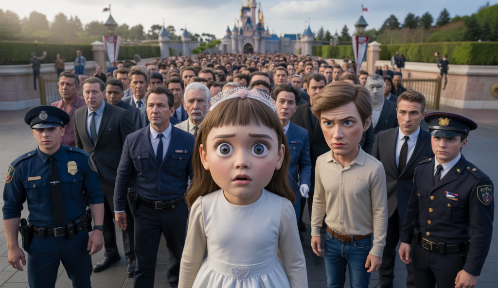 Disneyland Paris theme park entrance with police and restricted access during a controversial attempted privatization for a fictitious wedding involving a child in June 2025