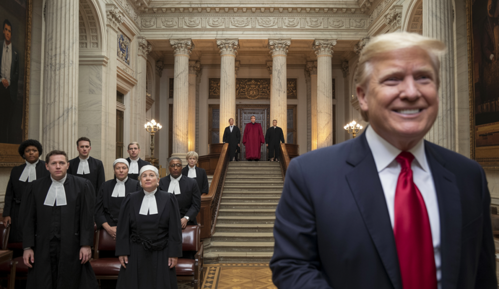 La Cour suprême américaine, composée de neuf juges, rend une décision historique limitant les pouvoirs des juges fédéraux, marquant une victoire politique majeure pour l'ex-président américain Donald Trump, dans une salle d'audience solennelle.