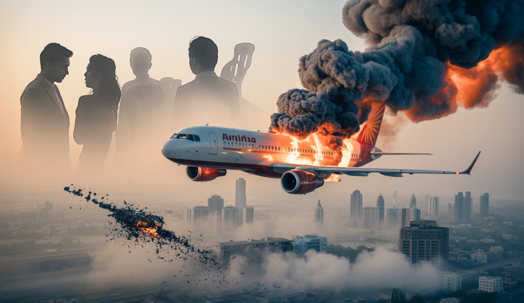 Image dramatique illustrant un crash aérien avec une atmosphère tendue