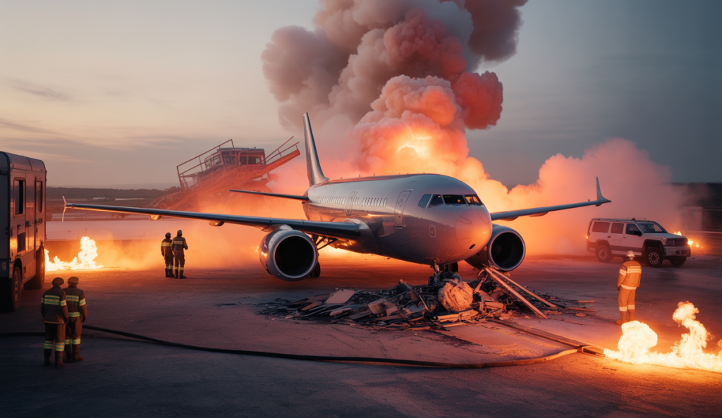 Illustration dramatique d'un crash aérien en Inde avec une scène riche en détails