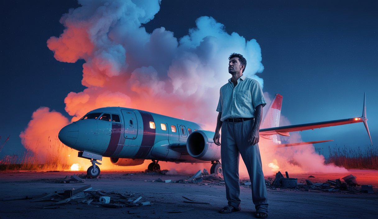 Image émotive illustrant le crash aérien d'Air India avec le survivant Vishwash Kumar Ramesh.