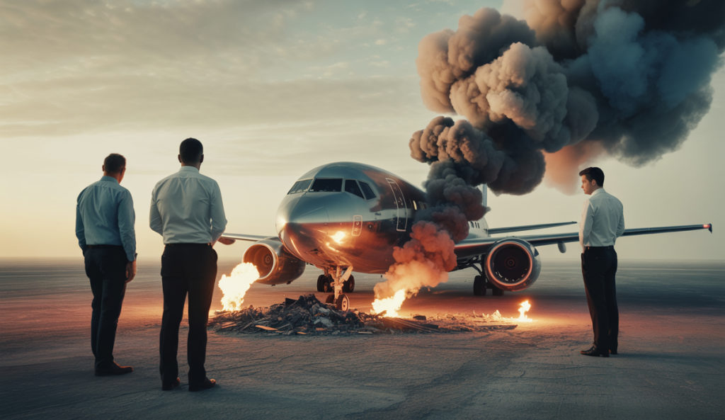 Image représentant un crash d'avion tragique en Inde avec une atmosphère émotionnelle intense.
