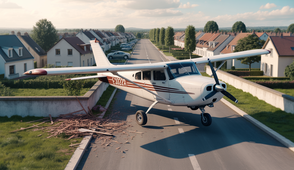 Crash d'un avion de tourisme Cessna 172 dans un quartier résidentiel de Champhol près de Chartres, avec un muret endommagé et une voiture abîmée, enquête en cours