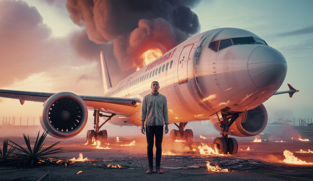 Une scène dramatique illustrant le crash d'un avion avec un survivant émergent des débris.