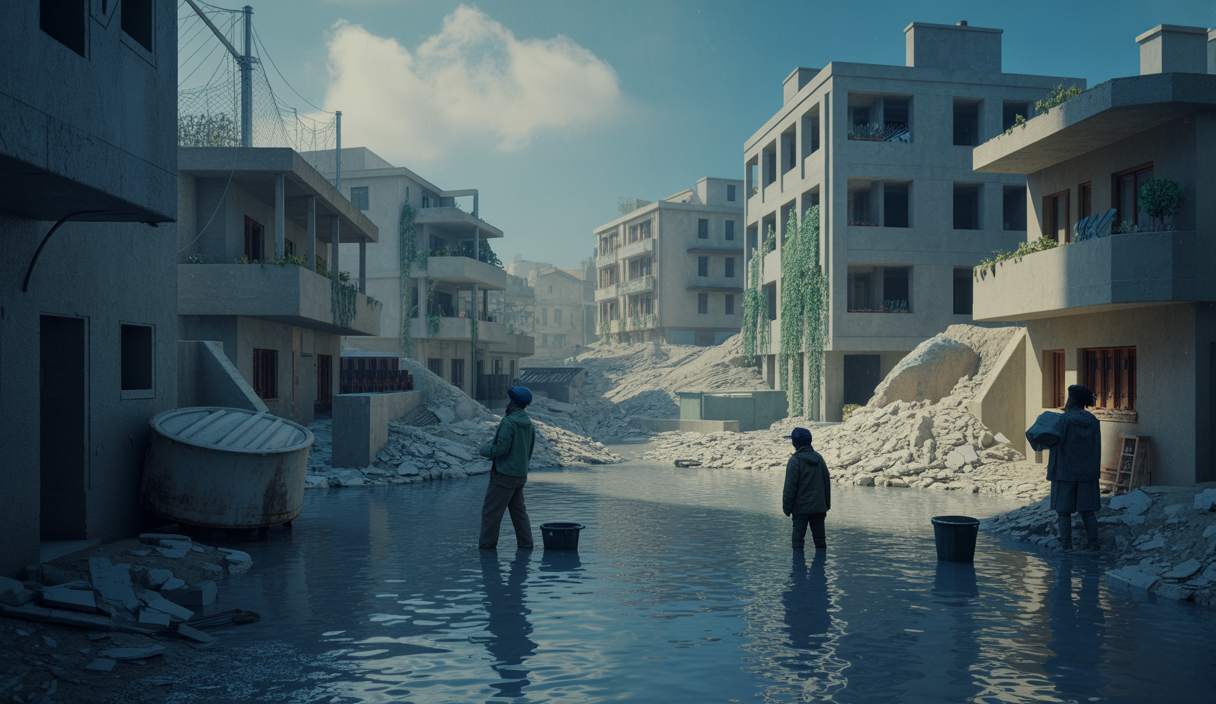 Représentation visuelle de la crise de l'eau à Gaza avec des infrastructures détruites.