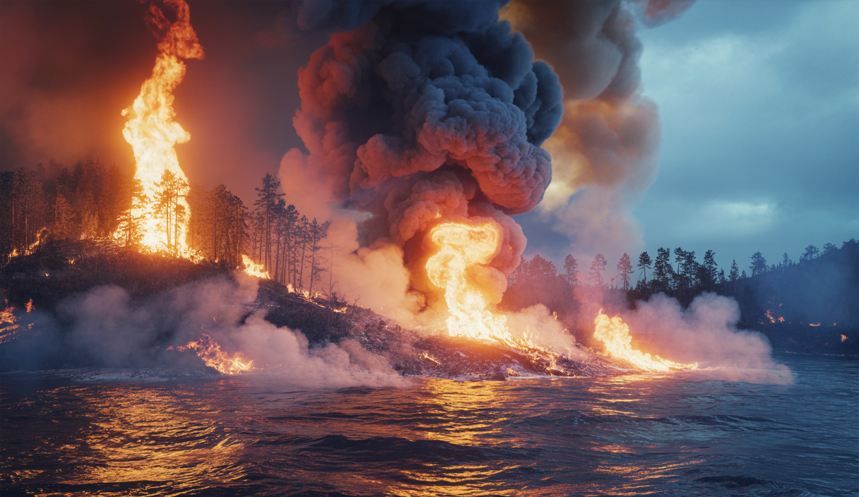 Image dramatique d'incendies dévastateurs et de mers menacées