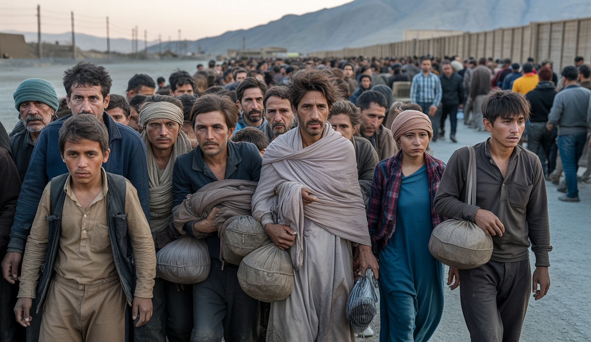 Des milliers d’Afghans expulsés d’Iran traversant une frontière dans des conditions précaires, avec des familles portant leurs affaires, dans un contexte humanitaire urgent.