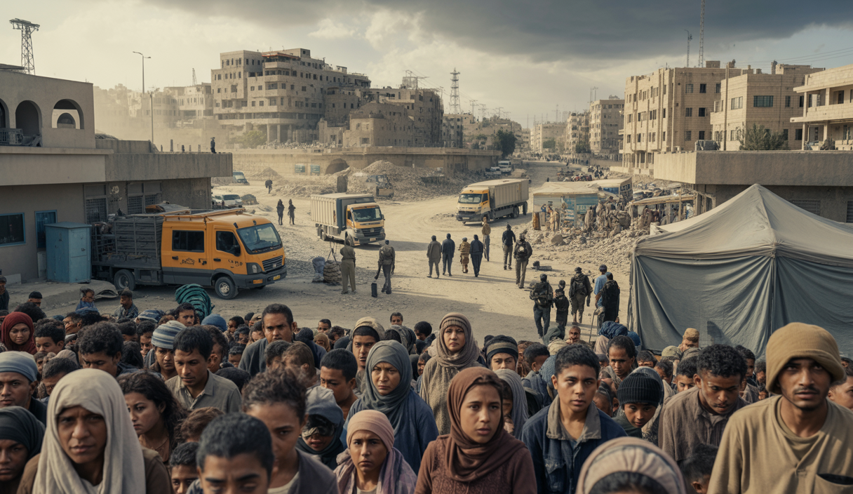 Vue poignante de la crise humanitaire à Gaza montrant des ruines de bâtiments détruits et des habitants déplacés, avec des camions d'aide humanitaire bloqués à l'entrée d'un point de passage.