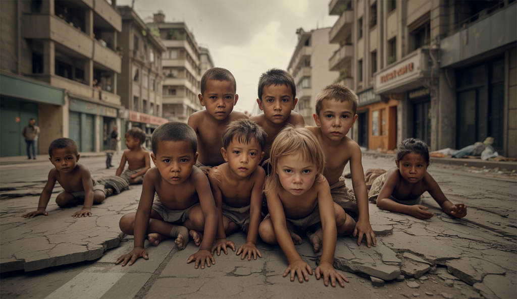 Une image poignante illustrant la crise humanitaire à Gaza, mettant en lumière la détresse des enfants touchés par la malnutrition et la guerre.