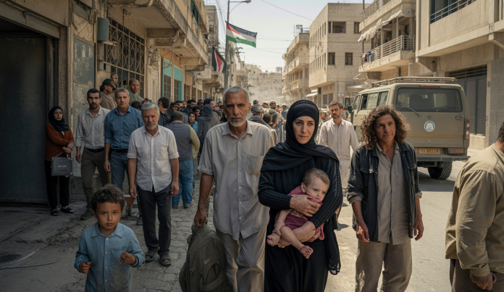 Vue dramatique d'une zone urbaine densément peuplée de Gaza avec des habitants en situation de détresse, files de civils attendant de l'aide alimentaire dans un contexte de blocus humanitaire sévère