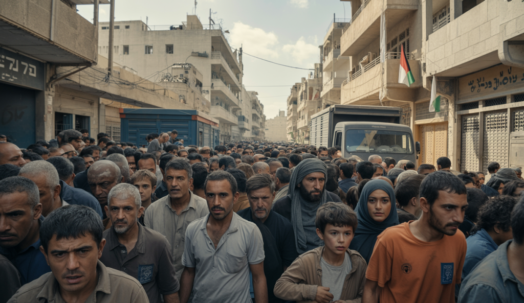 Scène dramatique à Gaza : foule de civils épuisés et blessés autour de points d'aide humanitaire, sous une lumière contrastée rappelant l'urgence de la solidarité internationale.