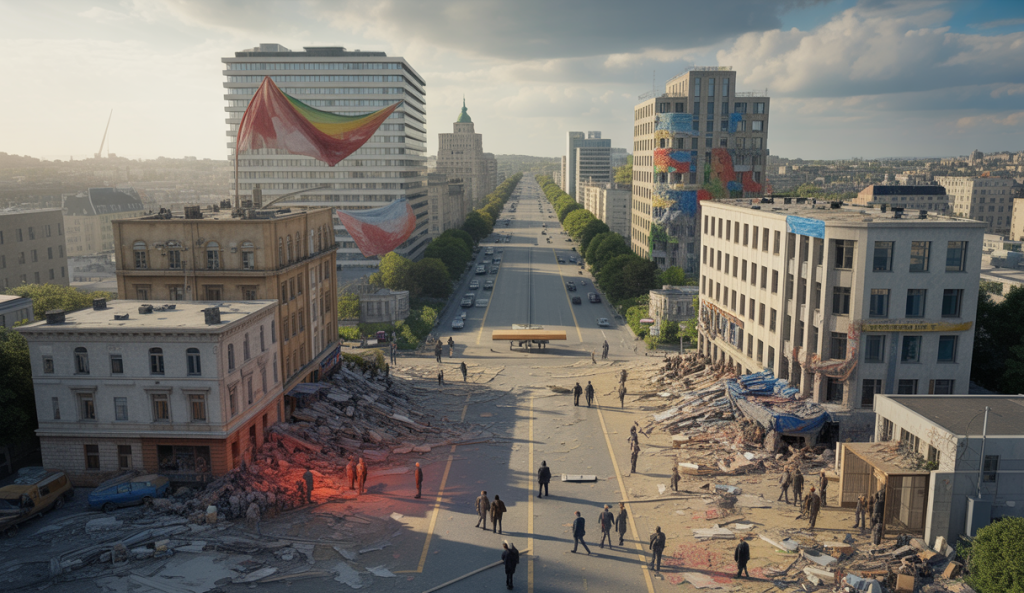 Vue symbolique illustrant les crises humanitaires en Israël-Gaza et en Ukraine, avec des éléments visuels représentant la destruction, les civils affectés, et un appel à la paix diplomatique