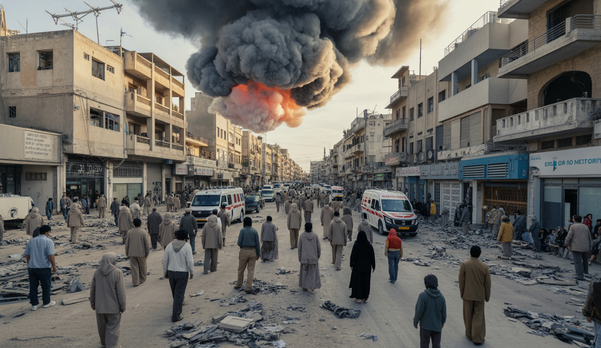 Vue dramatique de Gaza en 2025 montrant des immeubles détruits, des civils désespérés et une atmosphère de crise humanitaire majeure.