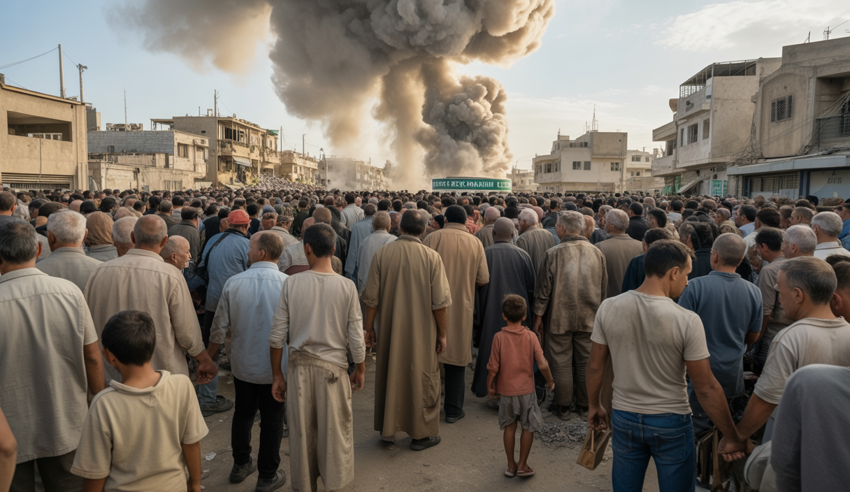 Scène dramatique à Gaza montrant des civils palestiniens rassemblés devant un point de distribution d'aide humanitaire sous un ciel chargé de fumée, avec des bâtiments endommagés en arrière-plan et une atmosphère de tension et de crise