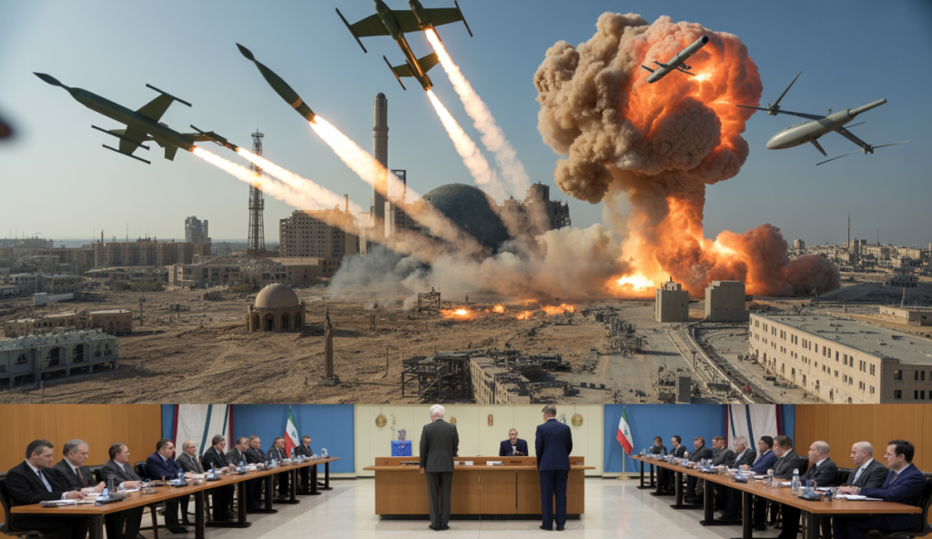Carte illustrée montrant des frappes aériennes entre l'Iran et Israël avec des missiles en trajectoire, symbolisant la crise militaire et la mobilisation diplomatique en arrière-plan.