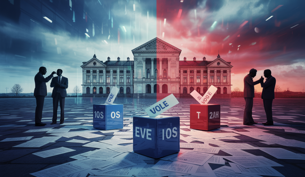 Crise politique aux Pays-Bas avec un paysage dramatique et des symboles d'instabilité