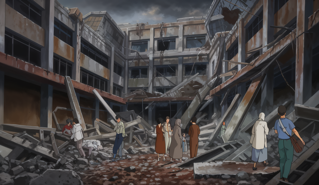 Illustration poignante illustrant la crise humanitaire à Gaza, mettant en scène des personnes parmi les décombres d'un hôpital