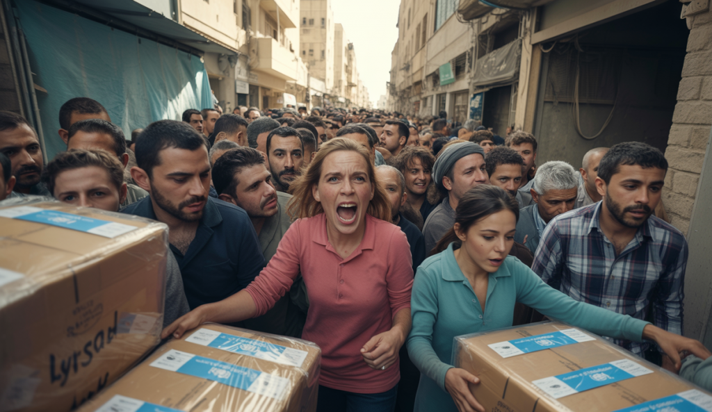 Image de chaos humanitaire à Gaza avec distribution d'aide