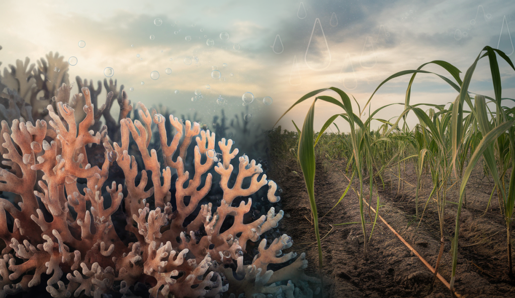 Image illustrant les crises environnementales du blanchissement des coraux et de la contamination des terres agricoles.