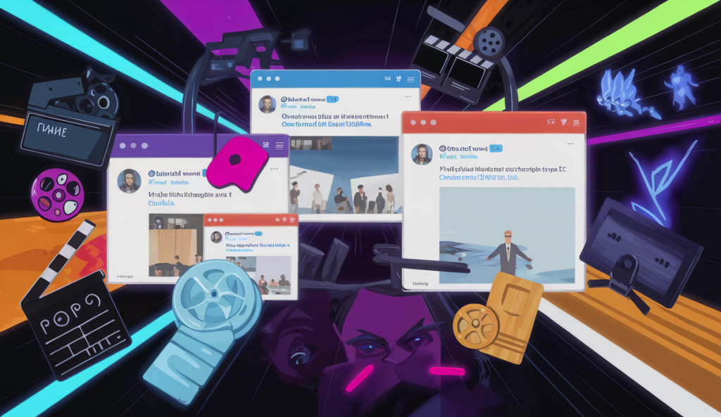 Illustration dynamique représentant l'influence des réseaux sociaux sur la culture pop, le cinéma et les séries