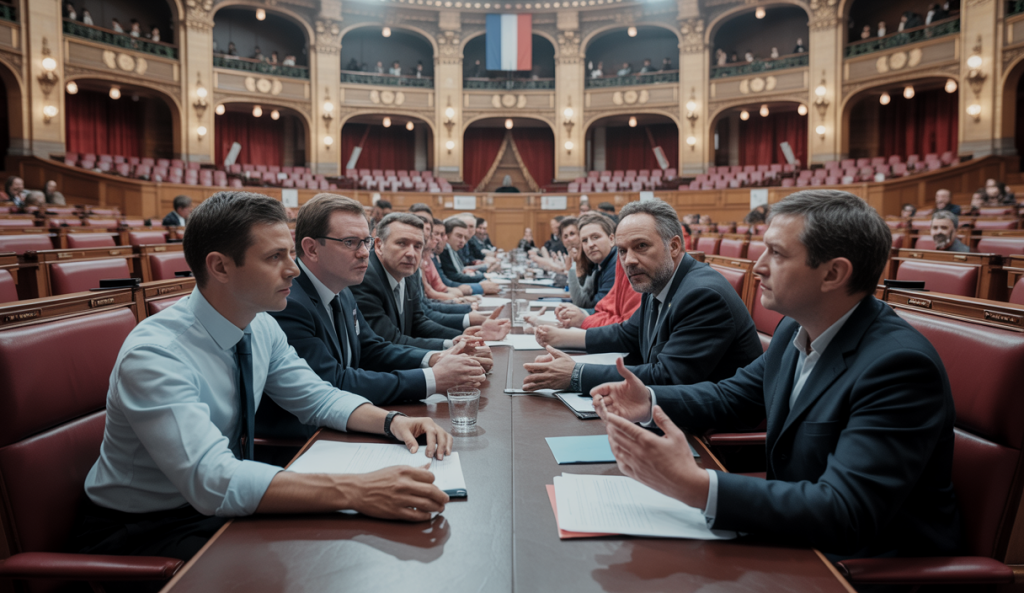 Débat parlementaire français sur la souveraineté nationale avec des députés en séance à l'Assemblée nationale à Paris, illustrant les enjeux d'identité, d'indépendance et de défis énergétiques