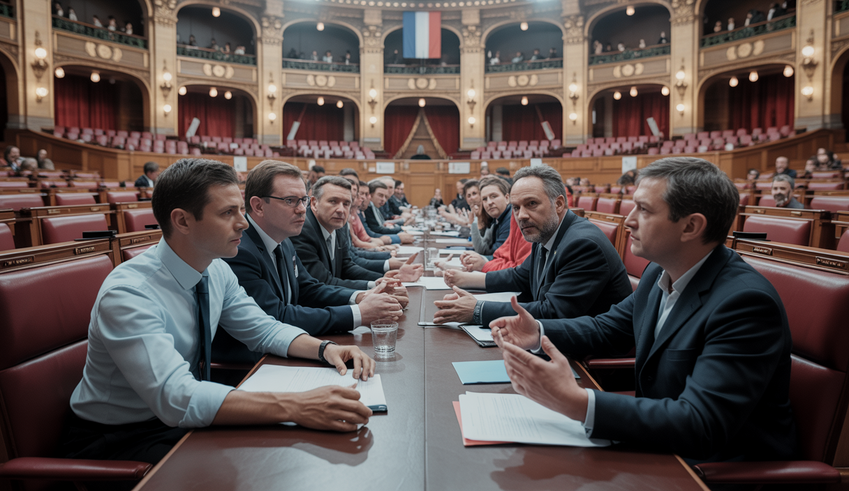 Débat parlementaire français sur la souveraineté nationale avec des députés en séance à l'Assemblée nationale à Paris, illustrant les enjeux d'identité, d'indépendance et de défis énergétiques