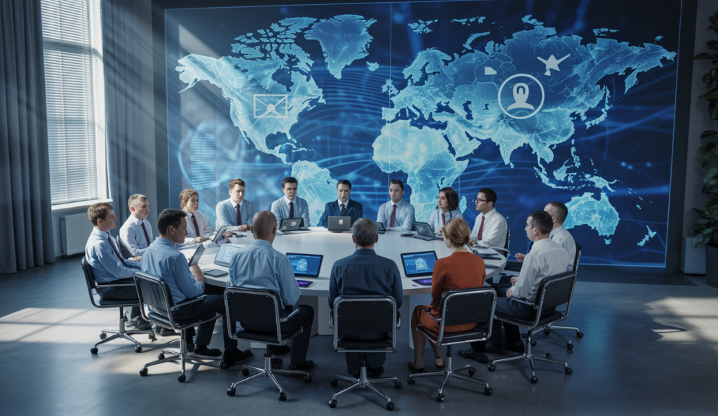 Illustration conceptuelle représentant le débat international sur la cybersurveillance en 2025, avec des silhouettes de personnes discutant autour d'une table digitale, des icônes de protection des données et des symboles d'éthique et de vie privée sur fond de carte du monde numérique.
