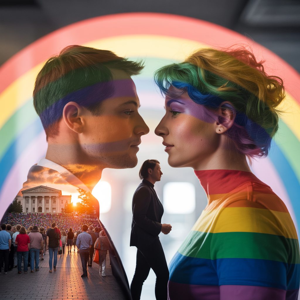 Illustration vibrante représentant la décision de la Cour suprême des États-Unis sur les droits des transgenres.