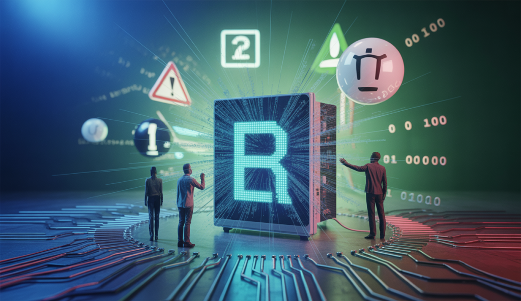 Illustration d'un univers numérique en désordre avec symboles d'erreur et solutions.