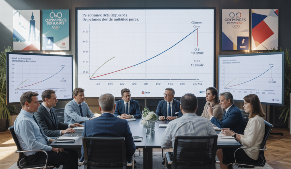 Illustration d'une salle de réunion avec graphiques financiers montrant le dépassement budgétaire des Jeux Olympiques de Paris 2024