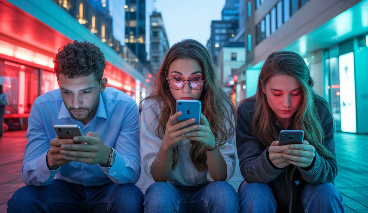 Une scène expressive représentant l'usage intensif du smartphone par les jeunes en 2025