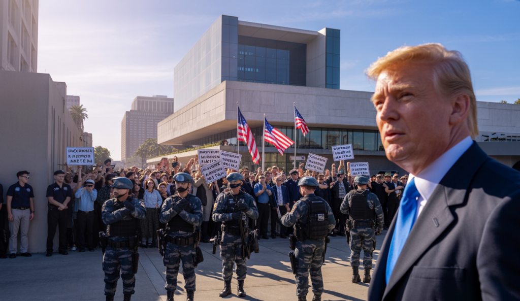 Image illustrant la décision d'une cour d'appel fédérale autorisant Donald Trump à déployer la Garde nationale à Los Angeles, avec un contexte politique tendu aux États-Unis