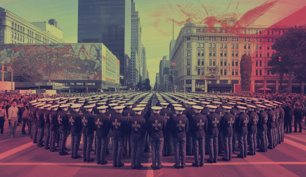 Image saisissante de Marines déployés à Los Angeles avec une atmosphère de tension politique.