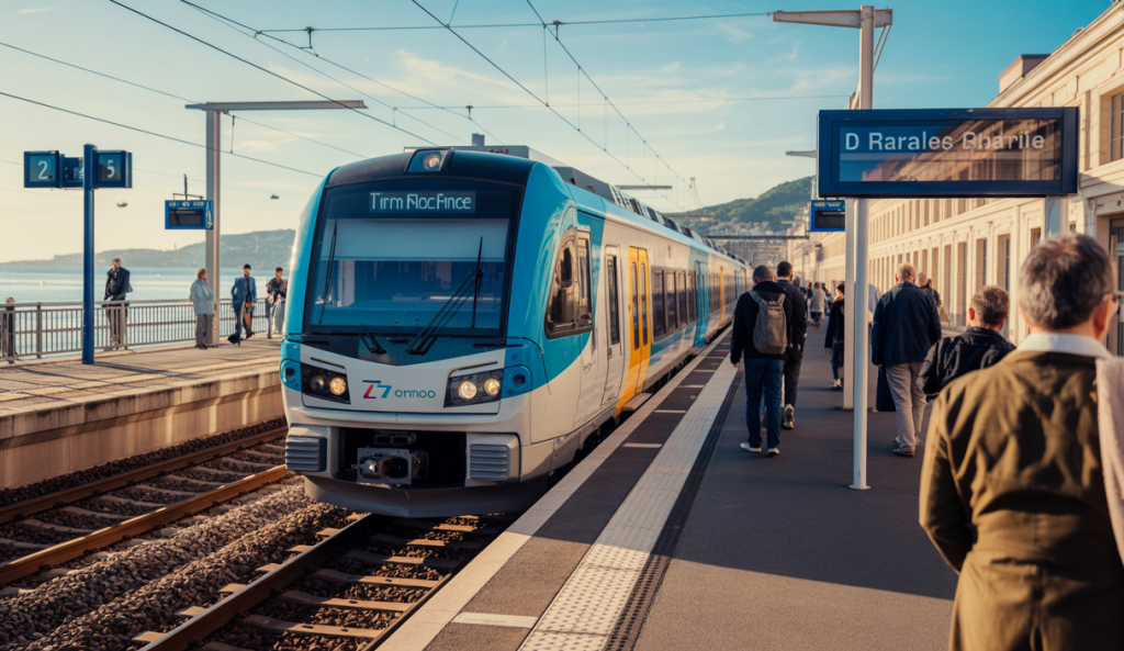 Un train régional TER moderne Omneo Premium double étage roulant entre Marseille et Nice avec voyageurs à quai, ambiance de gare animée sous un ciel clair