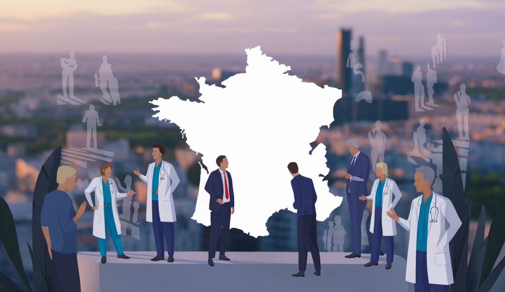 Représentation artistique des déserts médicaux en France, évoquant un besoin de régulation.
