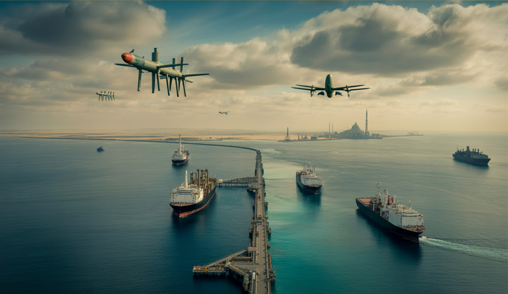 Vue aérienne du détroit d'Ormuz avec des navires pétroliers et des bâtiments militaires entre l'Iran et le Golfe Persique sous un ciel orageux symbolisant les tensions géopolitiques