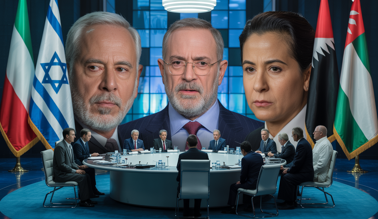 Réunion diplomatique intense avec drapeaux d'Israël, du Hamas, des États-Unis, du Qatar et de l'Égypte, symbolisant les efforts pour un cessez-le-feu à Gaza et la libération des otages dans un contexte régional tendu.