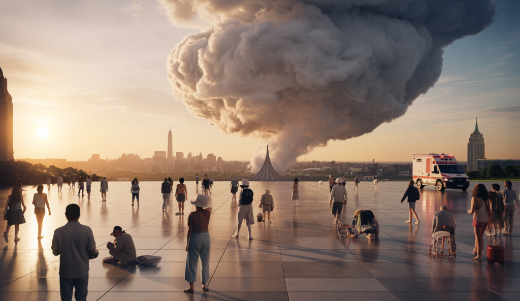 Vue aérienne d'un énorme dôme de chaleur couvrant les États-Unis avec des températures extrêmes, illustrant les impacts sanitaires et climatiques urgents.