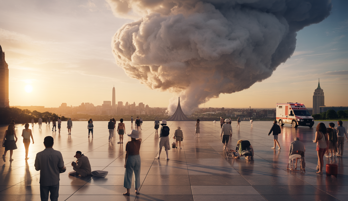 Vue aérienne d'un énorme dôme de chaleur couvrant les États-Unis avec des températures extrêmes, illustrant les impacts sanitaires et climatiques urgents.