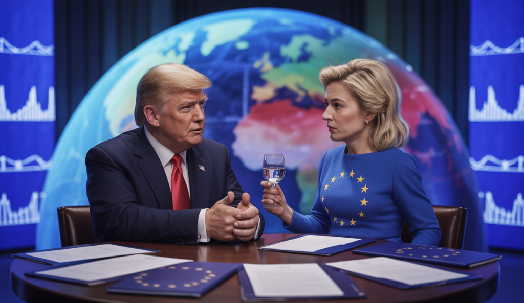 Illustration symbolique d'une trêve commerciale entre Donald Trump et l'Union Européenne.