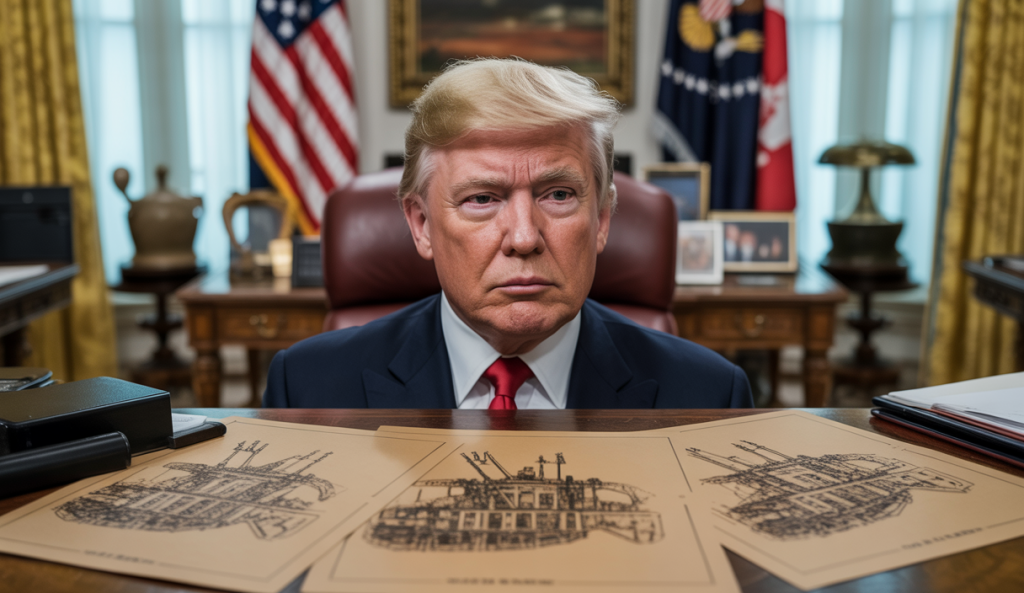 Donald Trump sérieux dans un bureau ovale, approuvant des plans d’attaque militaires contre l’Iran, ambiance tendue de haute géopolitique au Moyen-Orient