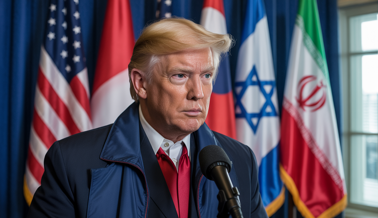 Donald Trump annonçant un cessez-le-feu total entre l'Iran et Israël, avec un arrière-plan de drapeaux américains, israéliens et iraniens symbolisant la fragile initiative diplomatique au Moyen-Orient