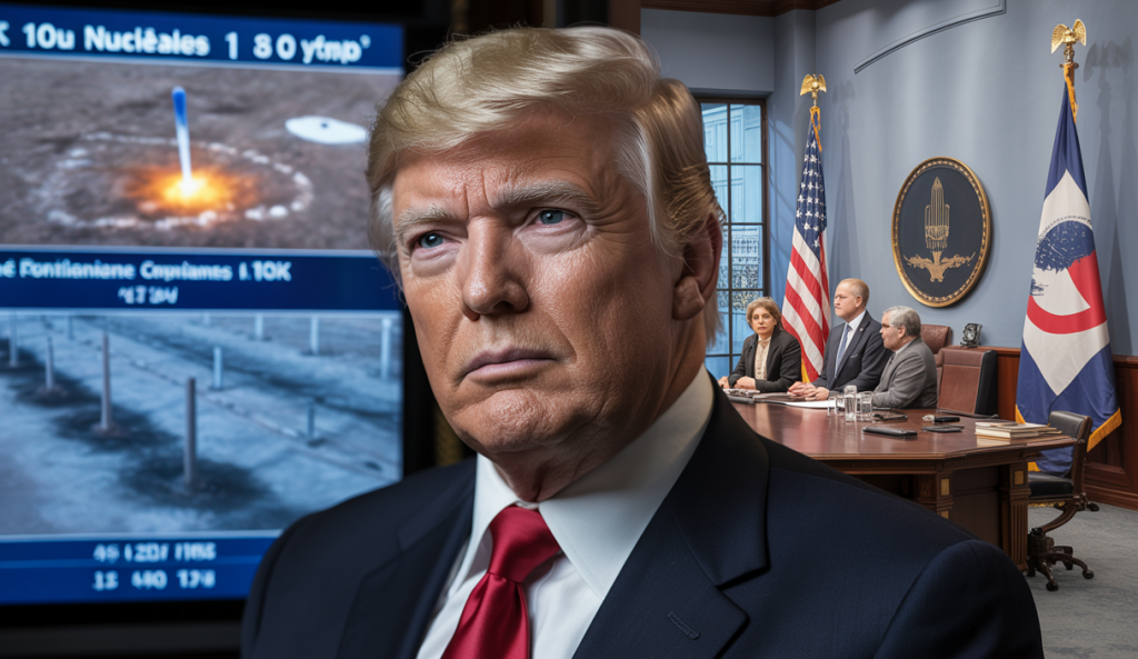Donald Trump, homme caucasien à cheveux blonds et teint doré, yeux bleus, en costume sombre, devant un tableau d'indicateurs nucléaires et des frappes sur l'Iran