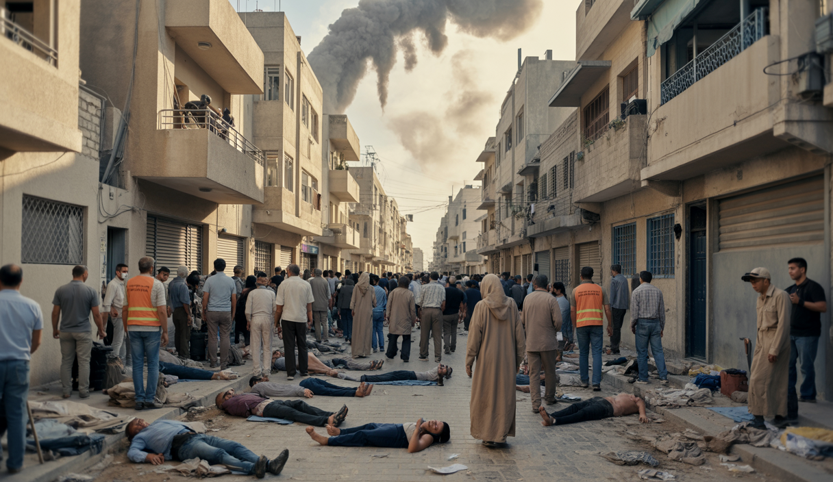 Photographie d'un centre d'aide humanitaire à Gaza avec des blessés et des civils attroupés sous un ciel gris, entouré de bâtiments détruits et de débris