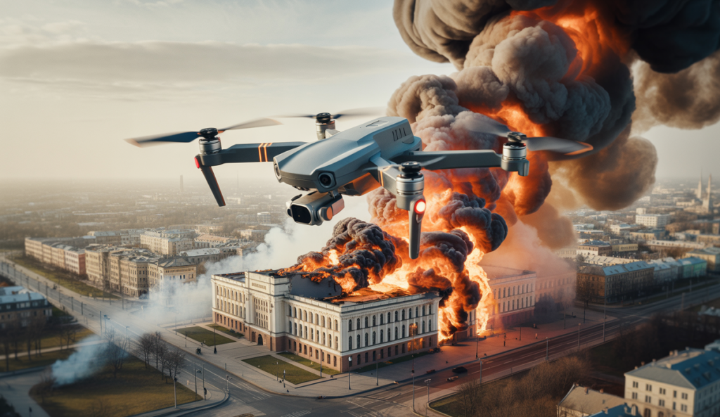 Image dramatique d'un drone attaquant le palais de justice de Belgorod, reflétant les tensions ukraino-russes