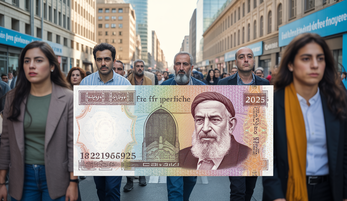 Vue symbolique de l'économie iranienne fragile avec la monnaie nationale en forte dévaluation, manifestations sociales et bâtiments gouvernementaux en arrière-plan