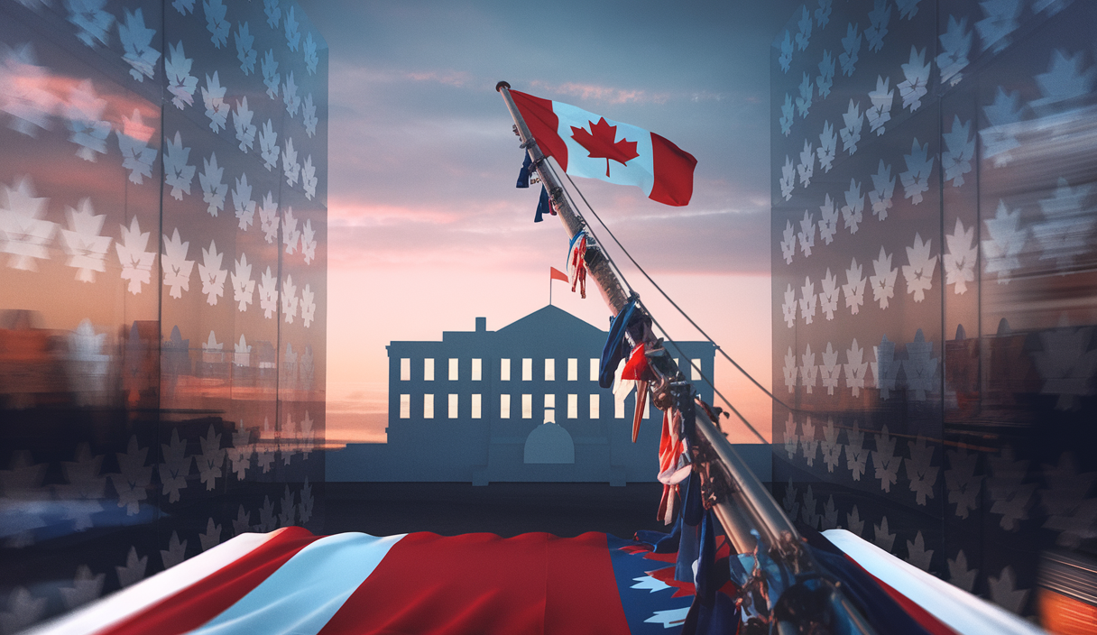 Illustration symbolique des élections canadiennes de 2025 avec victoire du Parti libéral