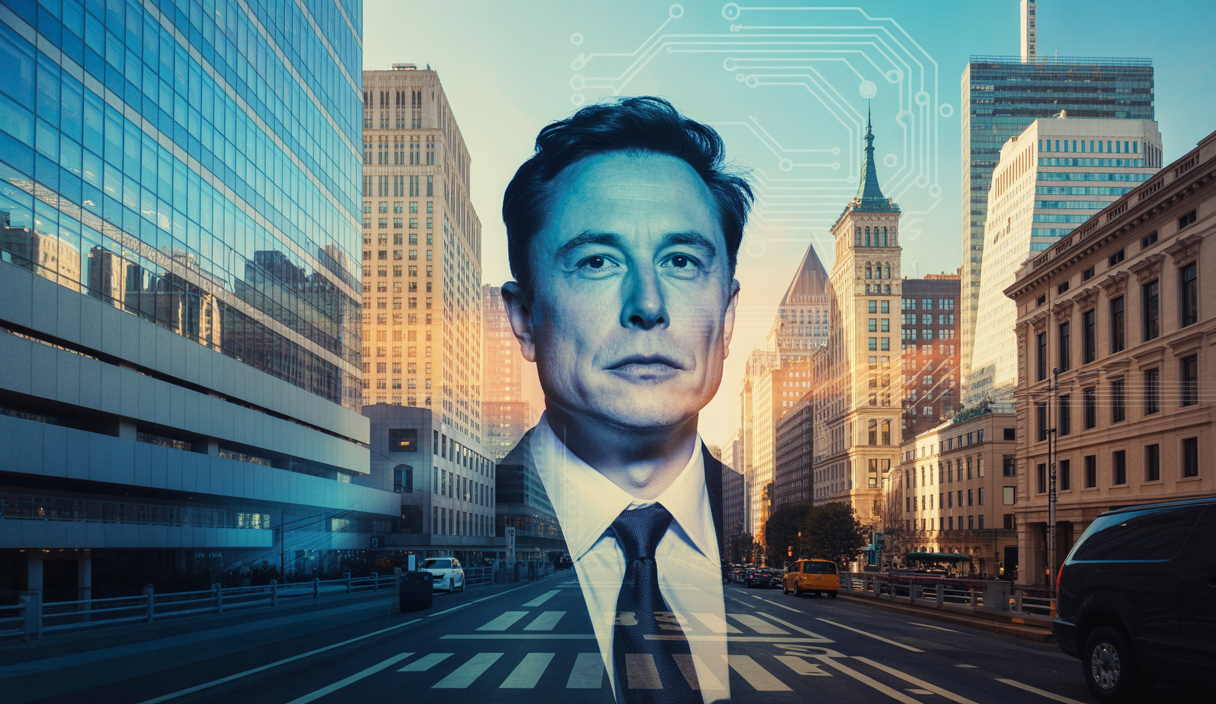 Illustration dramatique d'Elon Musk quittant ses fonctions, impact sur la politique et l'économie